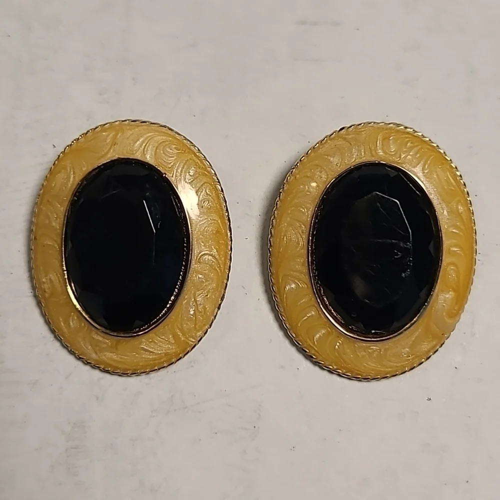 Vintage Enamel & Black Stone Clip Earrings